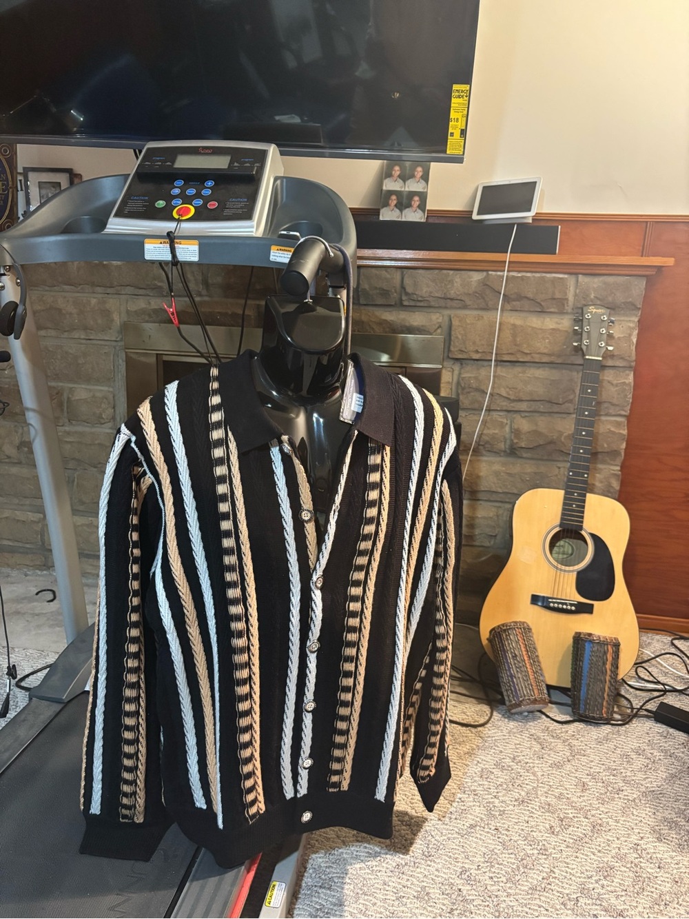 Men's Black Striped Button-Front Cardigan Sweater